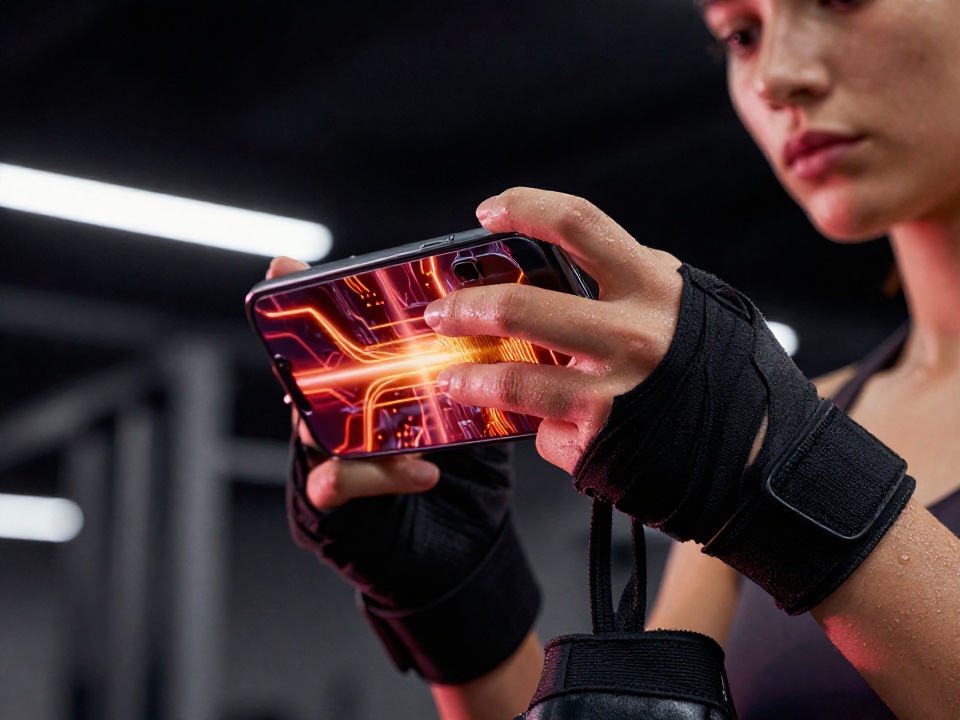 Энергия TRON на кончиках пальцев Макросъемка руки со смартфоном, излучающим энергию TRON, в стиле спортивной победы