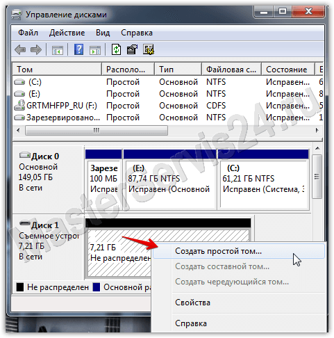 V okne „Správa diskov“, ktoré sa otvorí, nájdite vymeniteľnú jednotku, kliknite pravým tlačidlom myši na stĺpec s hlasitosťou a vyberte možnosť „Formátovať“ alebo, ako v prípade, keď formátovanie nie je k dispozícii, „Vytvoriť jednoduchý zväzok“