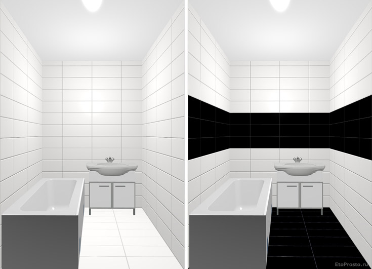 Ось дивіться, для наочності, як відрізняються біла ванна кімната і ванна з чорною смугою і чорною підлогою: