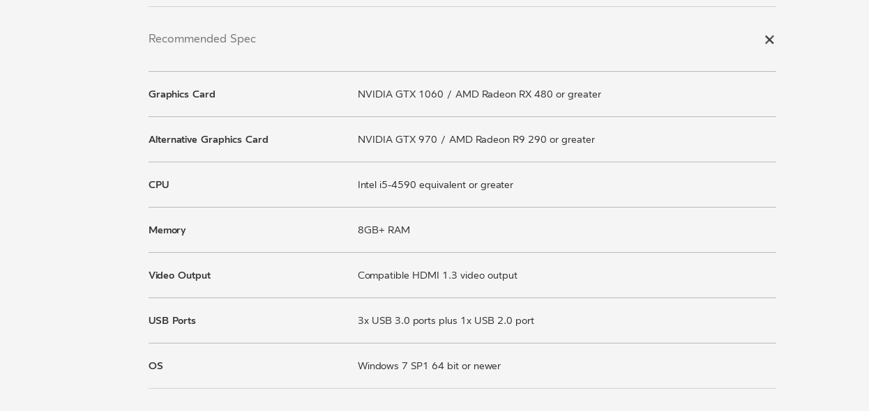 Такі мінімальні характеристики заявлені на сайті HTC Vive:   CPU: Intel i5-4590 / AMD FX 8350 або краще;   GPU: NVIDIA GeForce GTX 1060 / AMD Radeon RX 480, або краще;   RAM: не менше 4 ГБ;