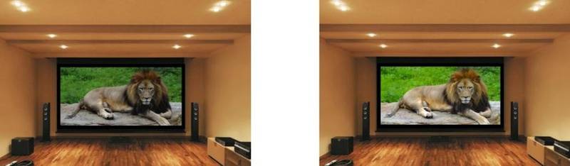 Висока яскравість і оптимізована передача кольору проектора Sony (зображення праворуч) дозволяють повноцінно використовувати його навіть при зовнішній засвіченні на відміну від стандартного проектора (зображення зліва)