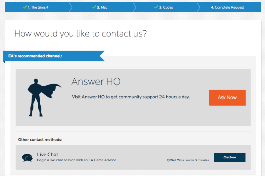 Виберіть тему Codes, потім виберіть гру і / або платформу, а на четвертому кроці виберіть перейти в Live Chat
