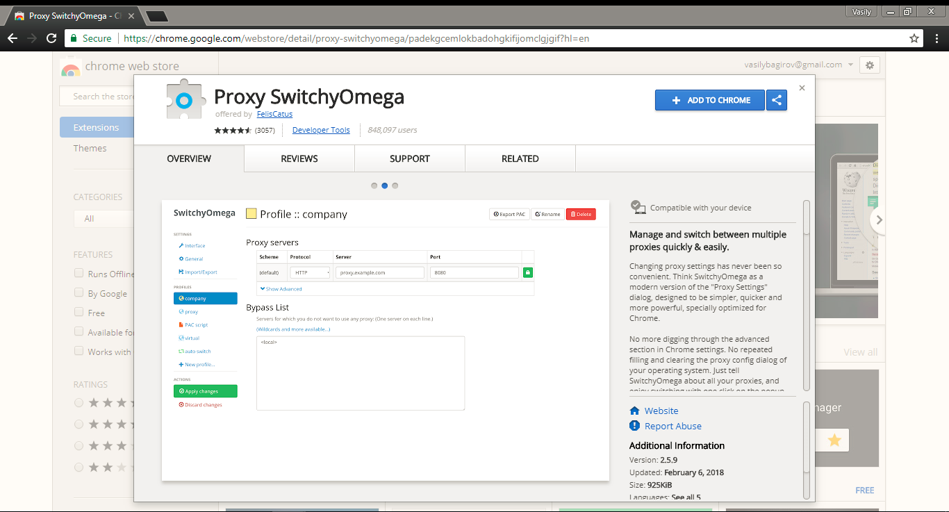 Його характерна особливість в тому, що ви можете налаштувати використання проксі для конкретних доменів, або ж, навпаки, виключити певні домени