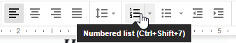 На панели инструментов в верхней части документа Google нажмите кнопку « Нумерованный» или « Маркированный список»