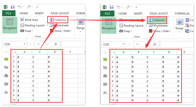 Kutools для Excel   (Показати) Стовпці   утиліта - це хороший інструмент для відображення всіх прихованих стовпців одним клацанням миші і вдруге натисніть цю кнопку стовпчика, щоб ці стовпці були приховані знову