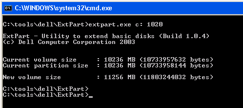 , Де c: - ім'я розділу який необхідно розширити, 1020 - розмір (в Мб), на який потрібно розширити диск