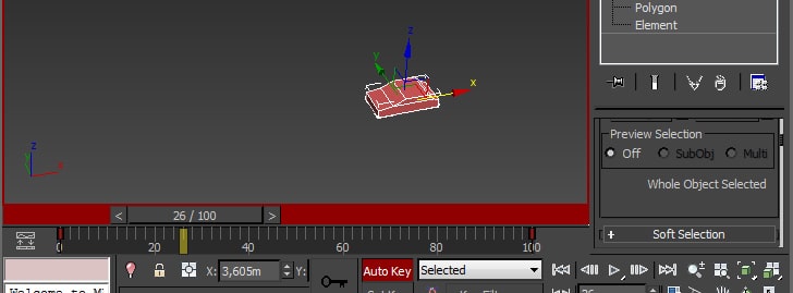 виділяємо об'єкт;   включаємо Auto Key;   перемещаем кадр на 100;   перемещаем об'єкт (автомобіль) в точку прибуття Б;   вимикаємо Auto Key;   перевіряємо анімацію, натиснувши Play