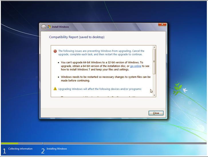 Якщо Vista чекає перезавантаження, пов'язаної з   Windows Update   , То програма установки Windows 7 зупиниться і буде перезавантажити комп'ютер перед новою спробою установки нової ОС