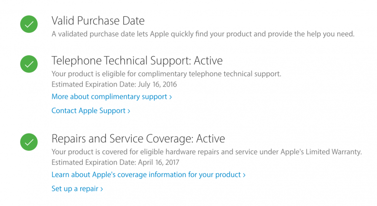 Якщо є можливість, перевірте серійний номер   на сайті Apple   , Там буде інформація про його гарантії та технічної підтримки: