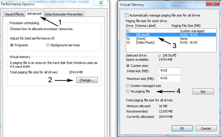 У секції «Virtual Memory» клікаєте по кнопці «Change» і відкриваєте чергове вікно